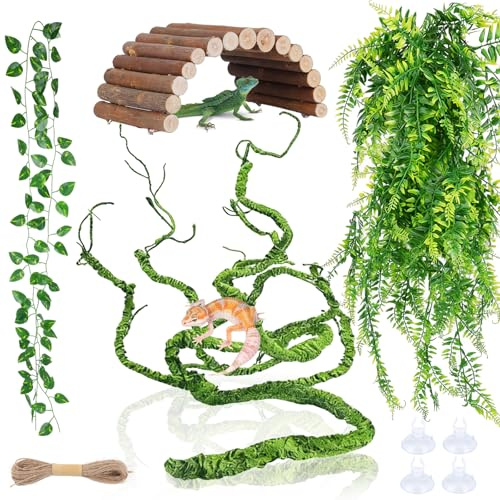GUXLXAR Reptilienpflanzen, Bartagamen-Tankzubehör, Terrarium, Hängepflanze, Reben, künstliche Blätter, Reptilienversteck, Leoparden-Gecko-Tankzubehör, für Bartagamen, Eidechsen, Schlange und Chamäleon