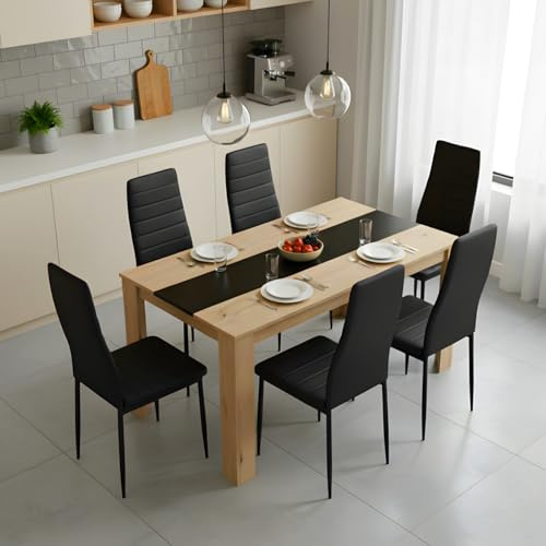 GOKHOMX Set tavolo da pranzo rettangolare 140 cm con 6 sedie, set tavolo e 6 sedie da pranzo in similpelle nera, per cucina, sala da pranzo e soggiorno (rovere + nero)