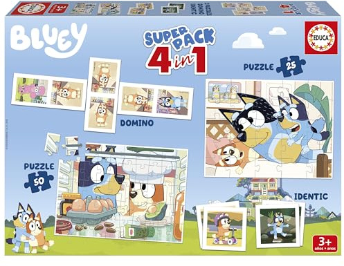 Educa - Superpack Bluey 4 in 1 Fuer Kinder | Zwei Puzzles Plus Memo-Spiel und Domino mit den Welpen in Einer praktischen Box | Ab 3 Jahren (20475)