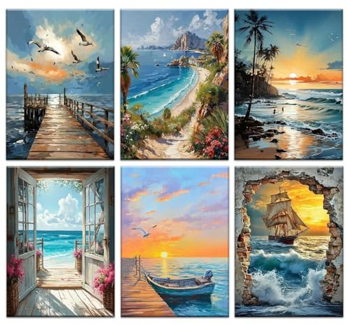JATOK Diamond Painting Erwachsene, 6er-Set, Küstenlandschaften, 30 x 40 cm | Diamant Painting Bilder Set, 6 einzeln als Komplettsets verpackt; mit Klebeleinwand, runden Steinen und Werkzeug für Anfänger