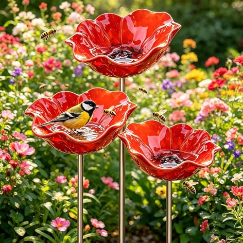 2026 Neu VogelträNke Blume Keramik, Keramik BlüTen Bienen TräNke Mit ZusäTzlichen ErdspießEn, VogelträNke Blume FüR Garten Und Terrasse, Gartenstecker VogelträNkes (3pcs)