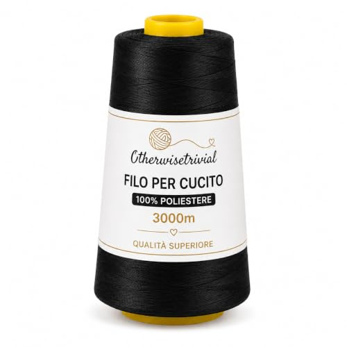Filo da Cucito Bobina da 3000 Mt 100% Poliestere - Macchina da cucire, Tagliacuci, Cucito a Mano- Sartoria (305 NERO)