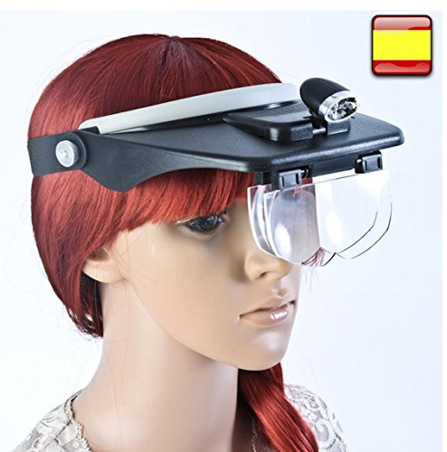 Lupa de cabeza con 2 luces led + 4 lentes de aumento intercambiables visera con gafas aumentadas.