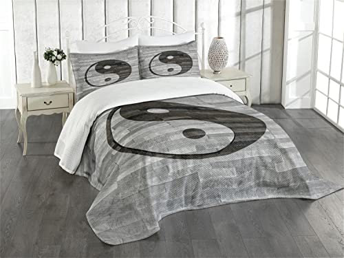 ABAKUHAUS Ying Yang Tagesdecke Set, Rustikal Modern Style, Set mit Kissenbezügen luftdurchlässig, für Doppelbetten 264 x 220 cm, Schwarz