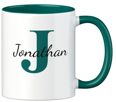 LOOXIS mug personnalisé vert foncé calligraphie + nom de votre choix (idée cadeau pour conjoint(e), amis, famille pour anniversaire, anniversaire de mariage, Noël)