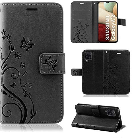 Hülle Kompatibel mit Samsung Galaxy A12 | Klapphülle Schutzhülle mit Kartenfächer Kompatibel für Galaxy A12 | Magnetverschluss Klapphülle | Schwarz