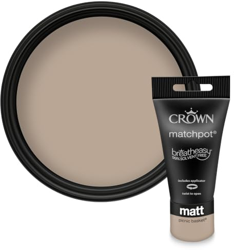 Crown WALLS & CEILINGS Light Brown Beige Matt Paint Tester - Sample 40ml | Try Picnic Basket before you buy. See the true colour on your wall, in your own light. Low VOC, low odour, breatheasy