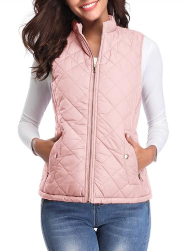 fuinloth Manteaux Sans Manches Femme, Léger Automne Doudoune Zippé Veste Hiver Gilet Rose XXL