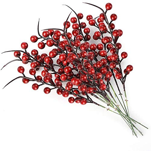 Dysetcs - 40 steli artificiali a bacca rossa, rami, bacche di agrifoglio, ramoscelli artificiali, per albero di Natale, artigianato, matrimoni, vacanze, decorazioni per la casa