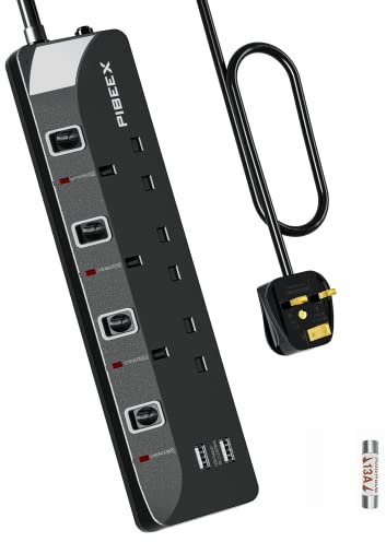 Extension Lead with USB Slots, 3 Way 2 USB Power Strip(13A/3250W), Multi Plug Extension Socket with Individual Switches, 1.5M UK Power Socket for Home Travel