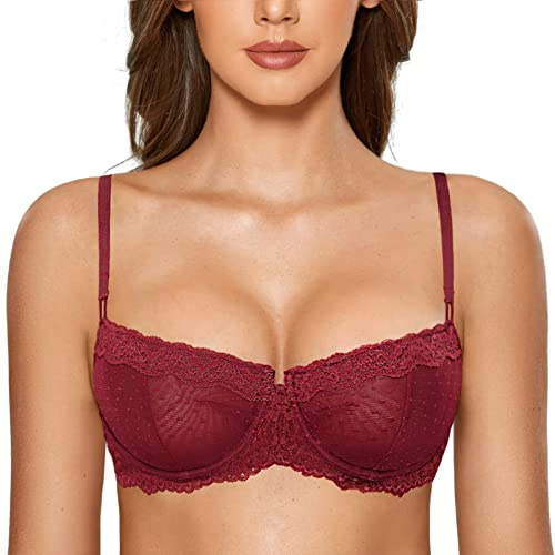 DOBREVA Women's Sexy Lace Bra Underwire Balconette Unlined Demi Sheer Plus Size Dark Red 36F