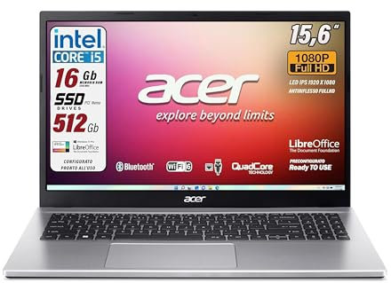 acer, Notebook pc portatile pronto all'uso, IntelCore i5, Iris Xe Graphics, Ram DDR4 16 Gb, SSD 512 Gb, Display 15.6 FullHD led, hdmi, USB 3.2, lan, Win 11 Pro