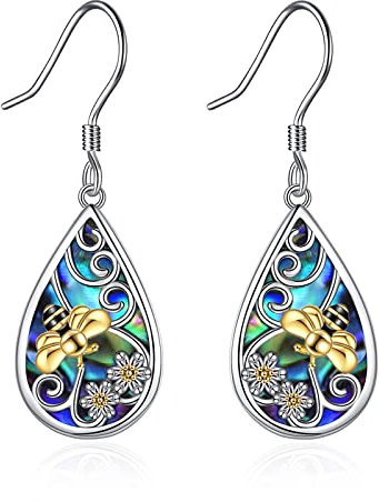 POPLYKE Biene Ohrringe 925 Sterling Silber Leverback Damen Träne Abalone Dangle Schmuck