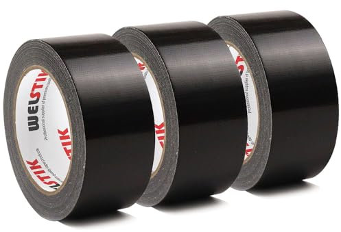 WELSTIK Lot de 3 rouleaux de ruban adhésif professionnel 48 mm x 27 m imperméable en tissu coloré pour réparations, bricolage, utilisation en intérieur et en extérieur, noir
