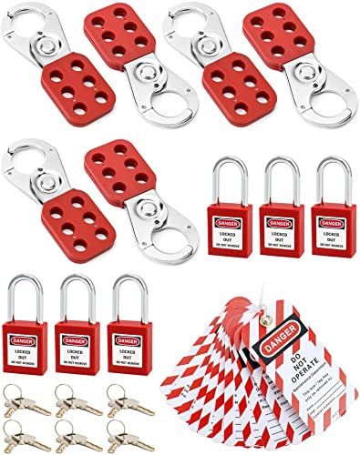 QWORK Locking Tag Hasps Tagout Tags Lock Set, 6 Stück Edelstahl-Verriegelung, 6 Stück Sicherheits-Vorhängeschlösser mit verschiedenen Schlüsseln, Loto Tags für Lock Out Tag Out