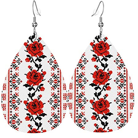 Ukrainische Stickerei Stil Rose Ohrringe für Damen Ohrringe, Leder Ohrringe für Mädchen, Neuheit Tropfen Ohrringe, stilvoll und schön., Einheitsgröße, Leder, Kein Edelstein