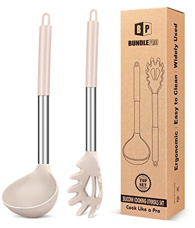 Ensemble fourchette à pâtes et louche en silicone - Grands ustensiles de cuisine antiadhésifs pour cuisiner, remuer, servir des spaghettis, de la soupe, de la sauce
