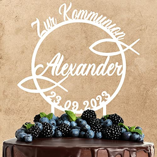 Wunschtext Cake Topper aus Acryl zur Kommunion | personalisiert mit Namen und Datum | Kuchendeko Tortenstecker | weiß | Kuchendekoration und Tortenschmuck 100% Made in Germany