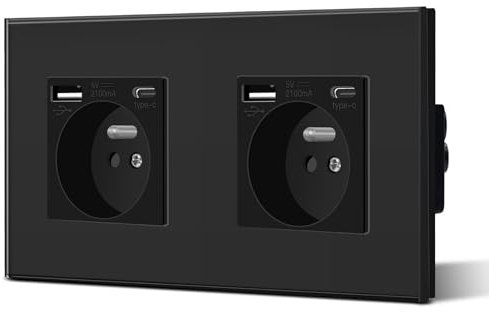 BSEED Prise en verre cristal Murale avec USB et 1 Type C alternatif Multiprise Murale avec USB 2.1A courant 16 Amp 240V 157mm Noir