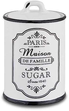 for friends Zucker Aufbewahrung, Kapazität ca. 500g Zucker, Paris Line in Schwarz & Weiß mit Aufdruck SUGAR, Zuckerdose Vintage Shabby Chic Look, Keramik Steingut, luftdichter Verschluss Griff