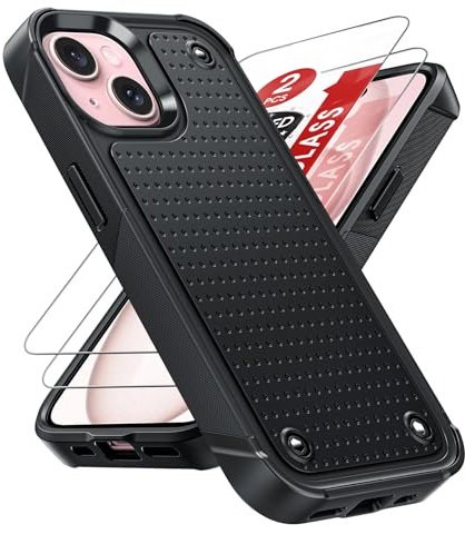 LeYi Armour Case Compatible with iPhone 15 6.1, Phone Cover with 2 Pack Tempered Glass Screen Protectors, Heavy Duty Hard PC Textured Shockproof Back Case Black