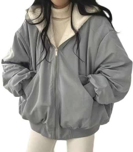 Sumleno Sherpa Jacket for Women Teen Girls Reversible Y2k Zip Up Hoodie Fleece Fur Grunge Winter Coat Cutecore Korean Clothes