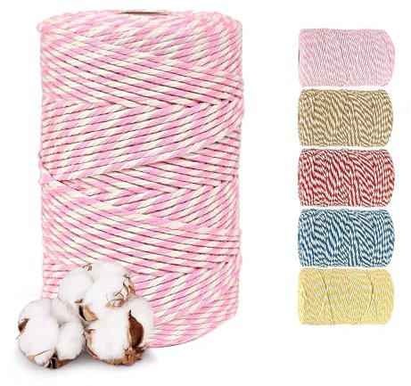 3mmx200m Makramee Garn, Baumwollgarn, Macrame Kordel für Basteln, Pflanzenbügell-Rosa und Weiß