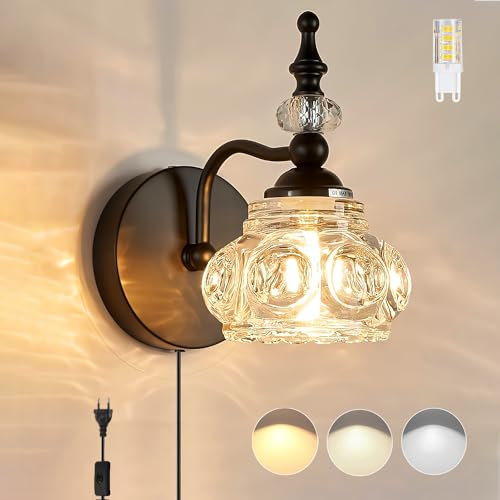LED Innen Wandleuchte mit Stecker Dimmbar Nachttischlampe Moderne Schlafzimmer Lampe mit Kabel G9 Glas Wandlampe Retro Metall Wandbeleuchtung für Wohnzimmer Schlafzimmer Badezimmer Treppen Flurlampe