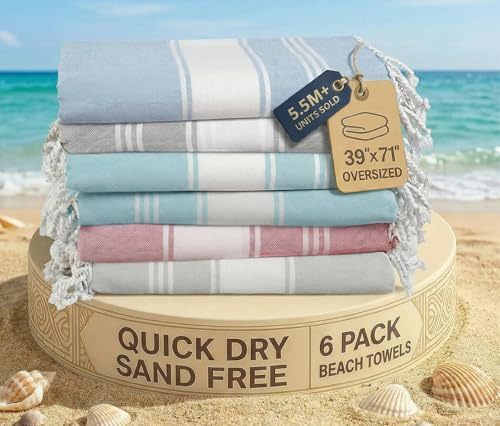 LANE LINEN Beach Towels 6 pack, Oversized Beach Towel, Lightweight Beach essentials for Women, Large Pool Towel, Absorbent & Quick Dry, Sand Free Beach Towel, 39x71 - Nautical Color