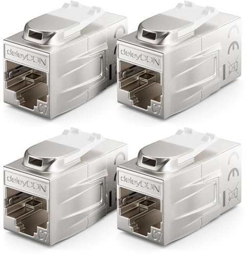 deleyCON CAT 7 Kupplung Keystone Metall 2X RJ45 Buchse, 4 Stück - Silber | Verbinder für RJ45 Patchkabel, 600 MHz, 10 Gbps, LAN DSL Ethernet, nutzbar als Keystone