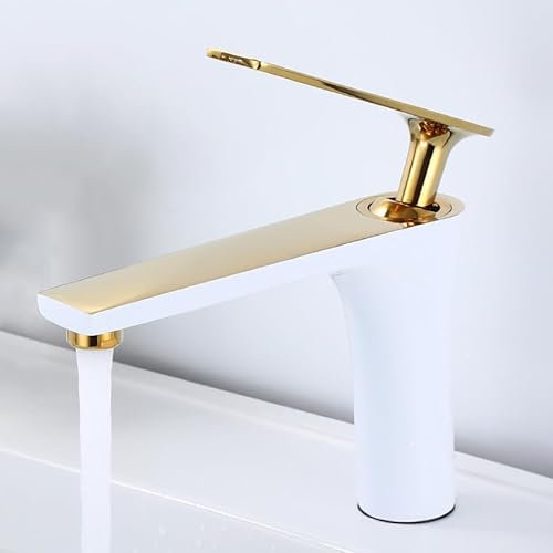 ZYCDP Robinet de Salle de Bain Lavabo Mitigeur Lavabo Blanc et Or Mitigeur Salle de Bain en Laiton Monocommande Chaude et Froide