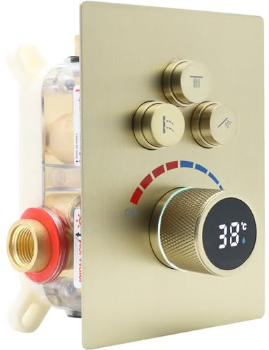Delnet Solid Brass Shower Mixer Valve, Concealed 3 Way Outlet Digital Display Diverter Valve, Can Use All Options at A Time, Brushed Gold