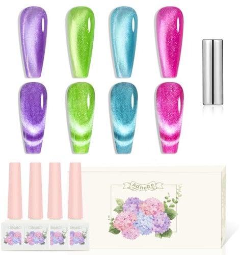 Adhere 12ml 4 Colors Magnetic Nail Polish Gel Set Cat Eye Gel Nail Polish Soak Off Magnetic Varnish Green Rose Red Purple Blue