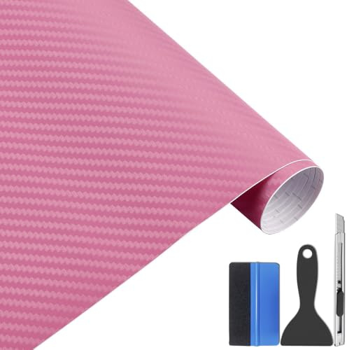 NewL Pellicola Vinile Auto Adesiva Carbonio 3D Rosa 50 x 152 cm | Texture fibra di carbonio 3D, attrezzi installazione inclusi, canali scarico aria, estensibile, adatto per auto, moto, mobili