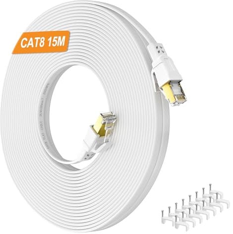 Nowunke Cable Ethernet 15 Metros, Cat 8 Cable de Red 15 metros Alta Velocidad Gigabit Plano Cable Internet 40Gbps 2000MHz, RJ45 Blindado Blanco Cable Lan para Switch, Rúter, Módem, PC