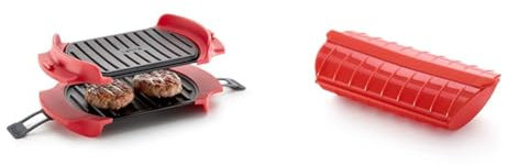Lékué Microwave Grill, Red microondas, Acero, rojo y negro, Standard 25.2 x 14.8 cm & Estuche de vapor, color rojo, 1-2 personas (650 ml)
