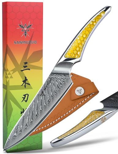 SANMUZUO Couteau utilitaire 13 CM, couteau de cuisine japonais en acier Damas VG-10, couteau à fruits ultra tranchant avec manche pleine soie en résine Jaune, série LA-S9