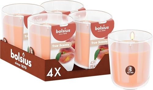 Bolsius - True Scents - Pfirsich - Orange - Set mit 4 Duftkerzen - 9,7 x 8,5 cm - Brenndauer: 45 Stunden - Mit natürlichen Extrakten - Natürliches Pflanzenwachs - Ohne Palmöl