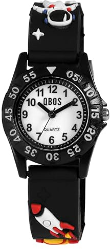 Qbos Kinderuhr Rakete Raumschiff Weltall Astronaut Universum Weiß Schwarz Analog Silikon Quarz Mädchen Junge Kids