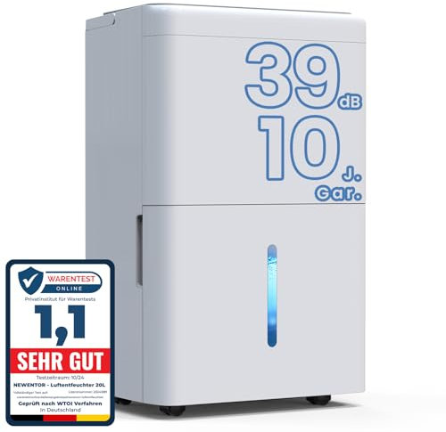 Newentor 20L Luftentfeuchter Elektrisch Keller 39dB, Entfeuchter Elektrisch Keller mit Ablaufschlauch 1,5m, Raumentfeuchter Elektrisch 50m2/150m3, 10 J. Gar., Filter, Timer
