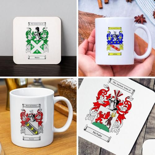 Personalised Family Crest Mug and Coaster Set | Custom Coat of Arms Ceramic Mug & Coaster | Great for Weddings, Birthdays, and Special Occasions