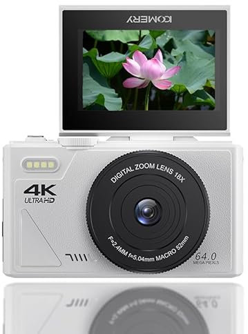 Cámara Digital, Cámara de Vlogging UHD 4K con Enfoque Automático con Pantalla Abatible de 3 Pulgadas, Cámara de Vídeo Antivibración con Zoom Digital de 64MP 18X, Cámara de Viaje