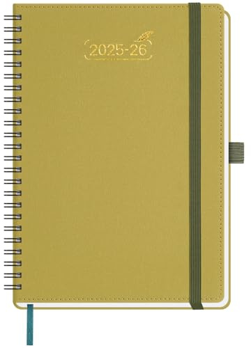 BEZEND Kalender 2026 Terminplaner A5 1 Woche 2 Seiten, Wochenplaner von Juli 2025 bis Dezember 2026, Buchkalender Spiralbindung mit Pu-Leder Softcover, Senf