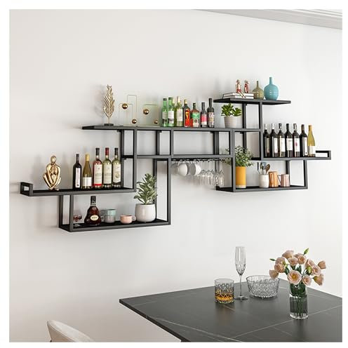 Étagère à vin murale en métal avec support pour verres à vin et mini vitrine à liqueur pour bouteilles de vin, whisky et accessoires de bar, parfait pour la maison, le bar, la cuisine, le café ou la