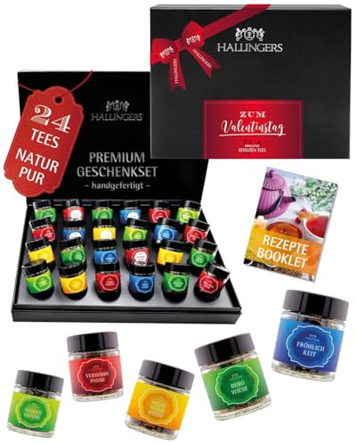 Hallingers Genuss Manufaktur Tee Valentinstagsgeschenk-Set - 24 Sorten premium loser Tee Probierset in edler Geschenkbox mit Rezept-Booklet Zum Valentinstag, Valentintstag für Frauen Freundin