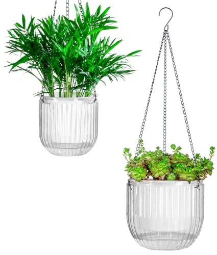 Josteve 5.2/8.2 Inch 2 Pcs Self Watering Hanging Planter Indoor Plant Pots Drainage Holes, Outdoor Small Hanging Planters Flower Pot Basket, Visible Water Level, Plant Hanger Home Decor, Gardening