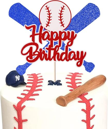 1 Stück Basisball Tortendeko Glitzer Happy Birthday Baseball Cake Topper Businessball Kuchen Deko für Baseball Thema Jungen Mädchen Sport Party Kuchen Dekorationen Blau Rot