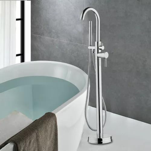 Robinet de baignoire monté au sol avec douchette à main - Robinet de baignoire autoportant - Robinet en laiton argenté - Aérateur intégré pour salle de bain, famille, hôtels