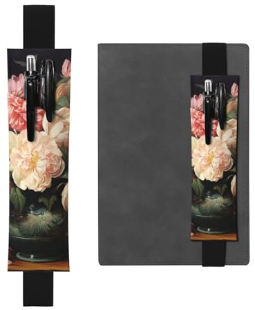 JHLMN Pen Holder for Notebook Adjustable Elastic Band Pencil Holder Bowl with Peonies and Rose Bookmark PU Leather Pen Sleeve Pouch Pencil Case Book Marks Page Marker for Planners Journals Book