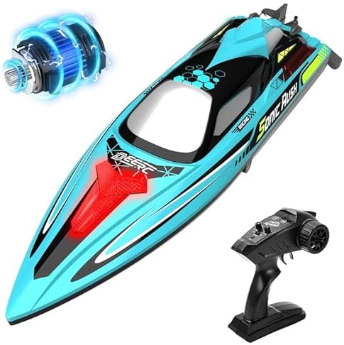 DEERC Bürstenloses RC-Boot für Erwachsene, 34 MPH Ferngesteuerte Boote mit 3S-Batterie, LED-Leuchten, Selbstaufrichtung, 2,4 GHz Rennboot für Poolsee, Geschenkspielzeug für Jungen und Mädchen